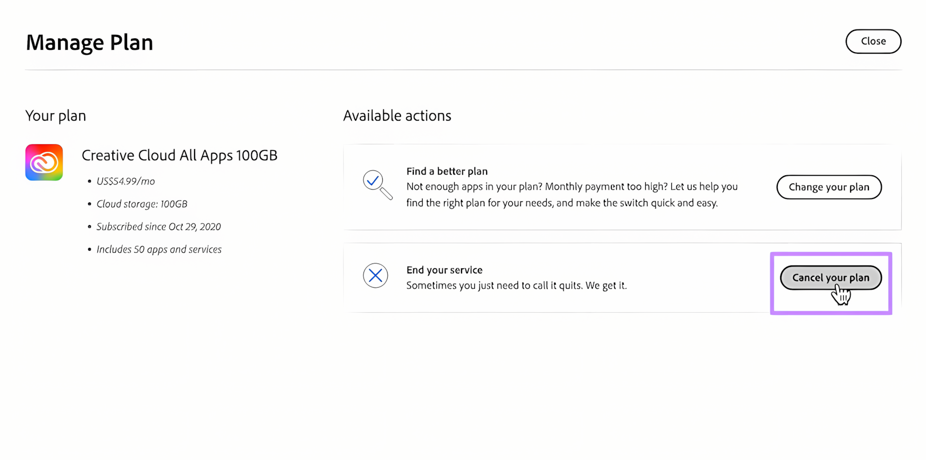 Clicking Cancel Your Plan button in Adobe Acrobat plan details menu