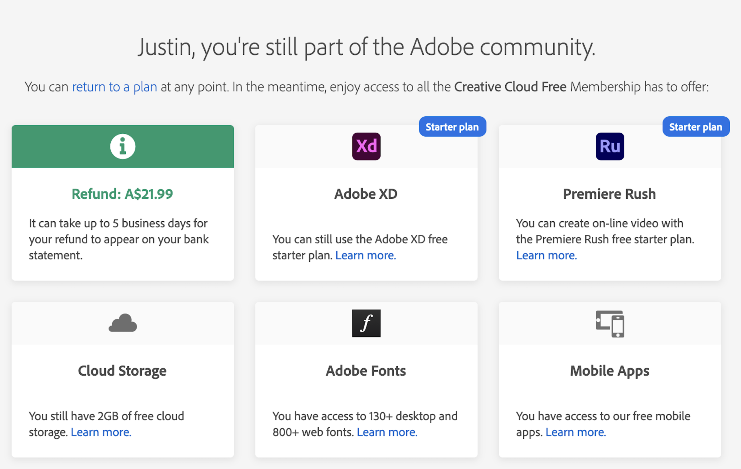 Adobe Dashboard $0 Cancellation Confirmation