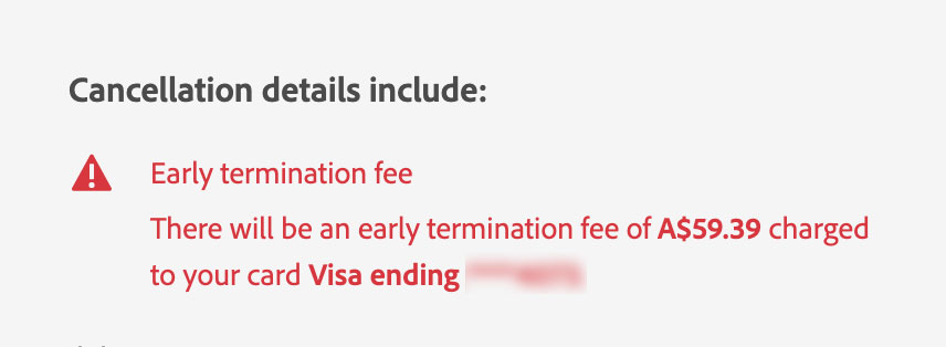 Adobe Early Termination Fee Warning Screen