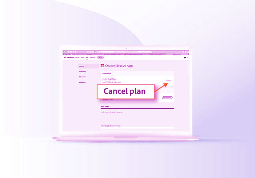 Adobe account management portal showing cancel plan button for Lightroom subscription