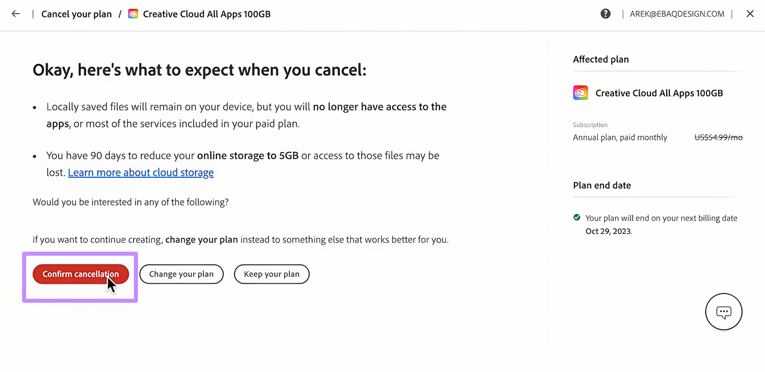 Final review screen with confirm Adobe Acrobat subscription cancellation button