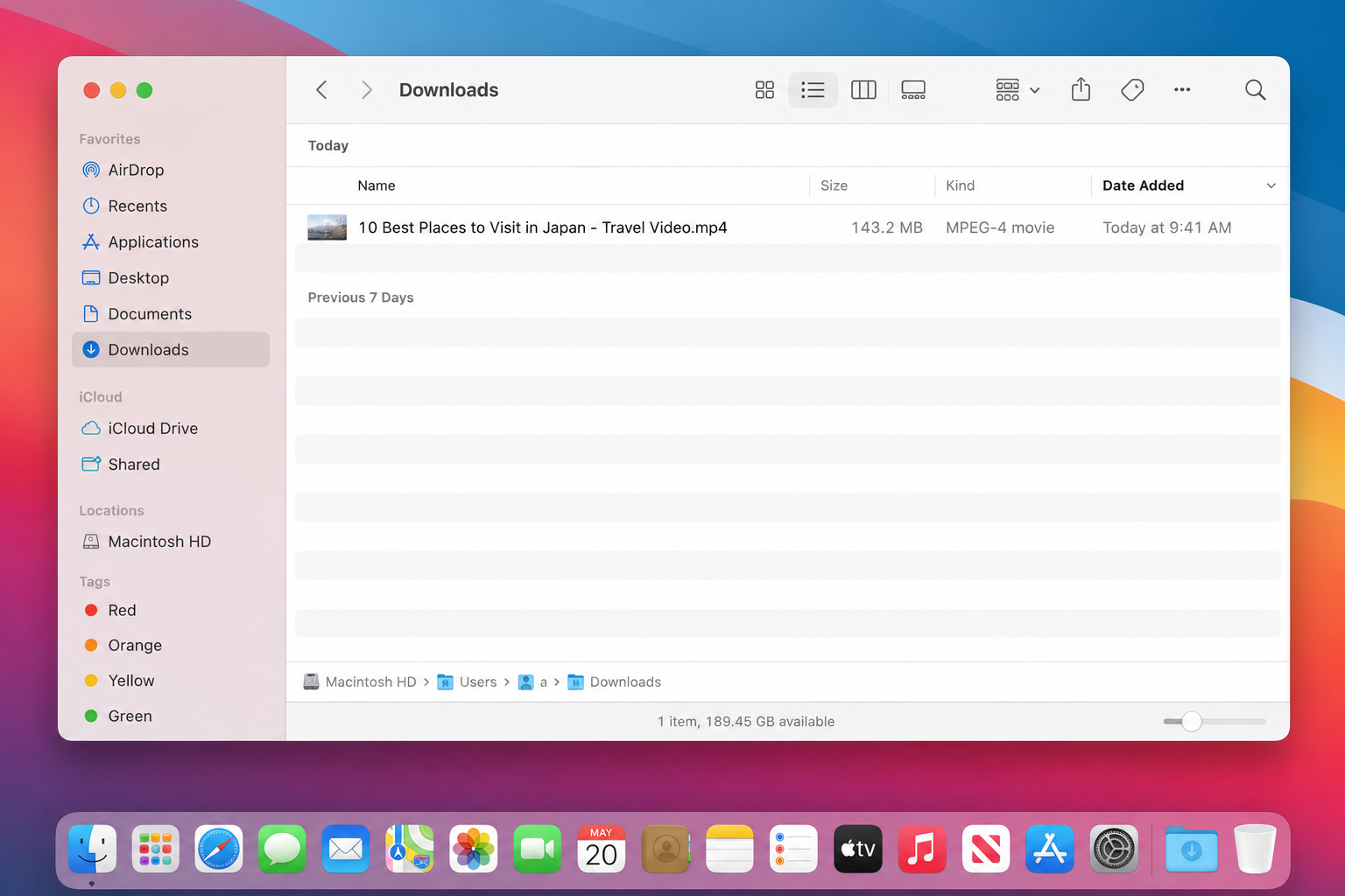 Downloaded YouTube video saved in the macOS Downloads folder