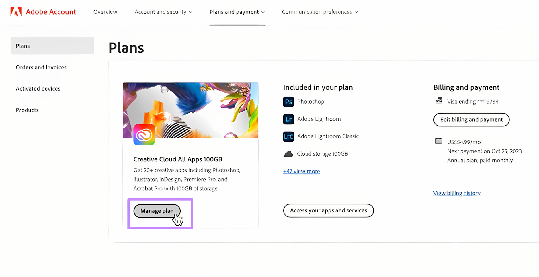 Adobe account management portal showing Manage Plan button for Acrobat subscription
