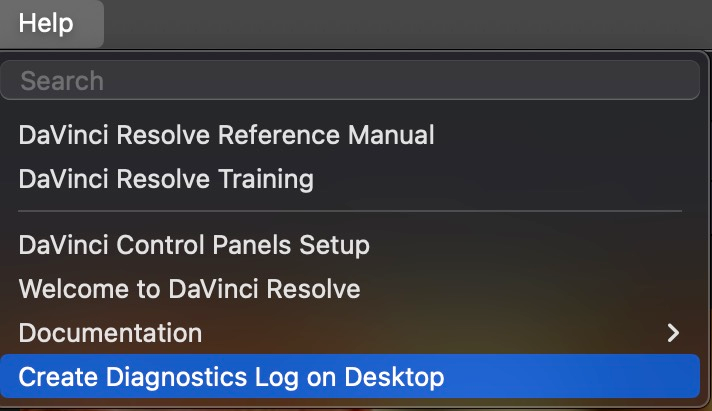 DaVinci Resolve Help menu showing Create Diagnostics Log on Desktop