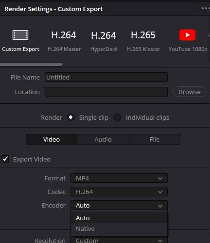 DaVinci Resolve Deliver page with the Encoder dropdown set to Native to fix export crashes