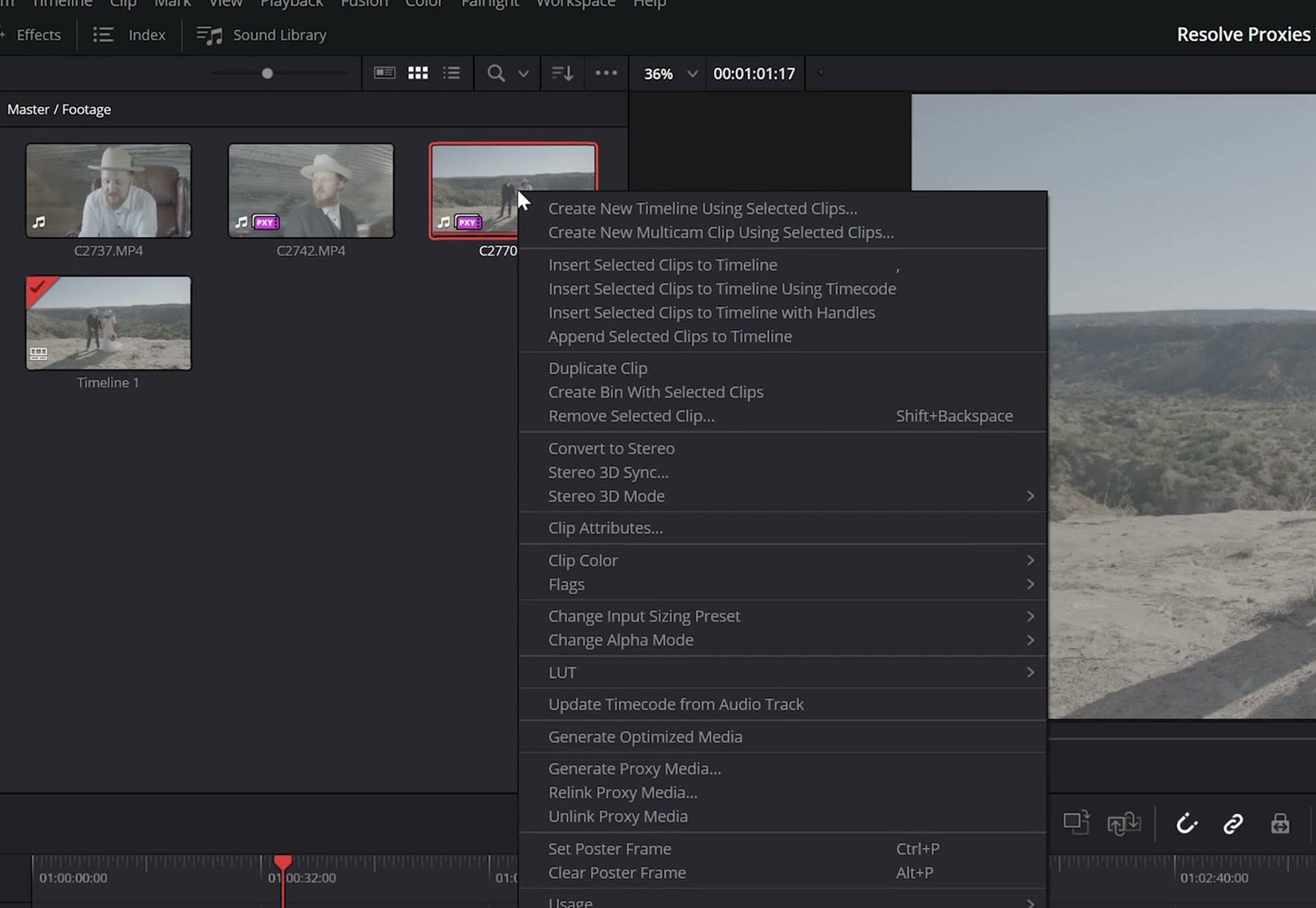 Generating proxy media in DaVinci Resolve Media Pool right click menu