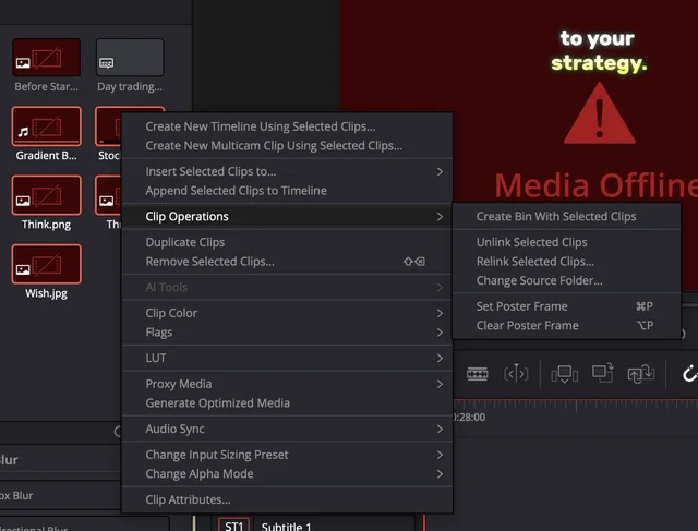 DaVinci Resolve media offline red clips in the timeline with the Relink Selected Clips menu