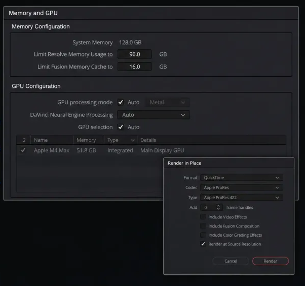 DaVinci Resolve Preferences Memory and GPU tab showing GPU processing mode and GPU selection