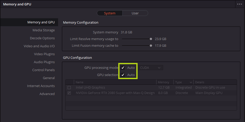 DaVinci Resolve Preferences System Memory and GPU configuration settings