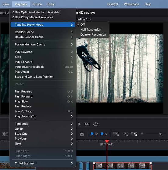 DaVinci Resolve Playback menu with Timeline Proxy Resolution and Render Cache options to improve speed