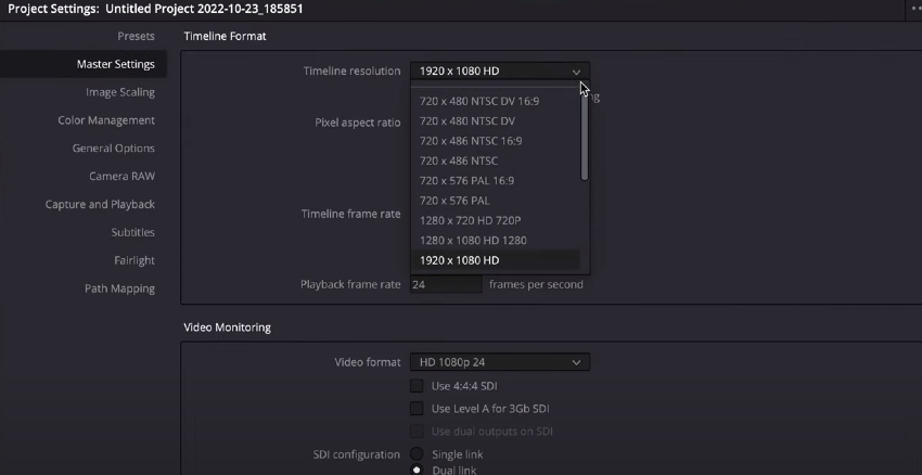 How to change resolution in DaVinci Resolve Project Settings Master Settings timeline format