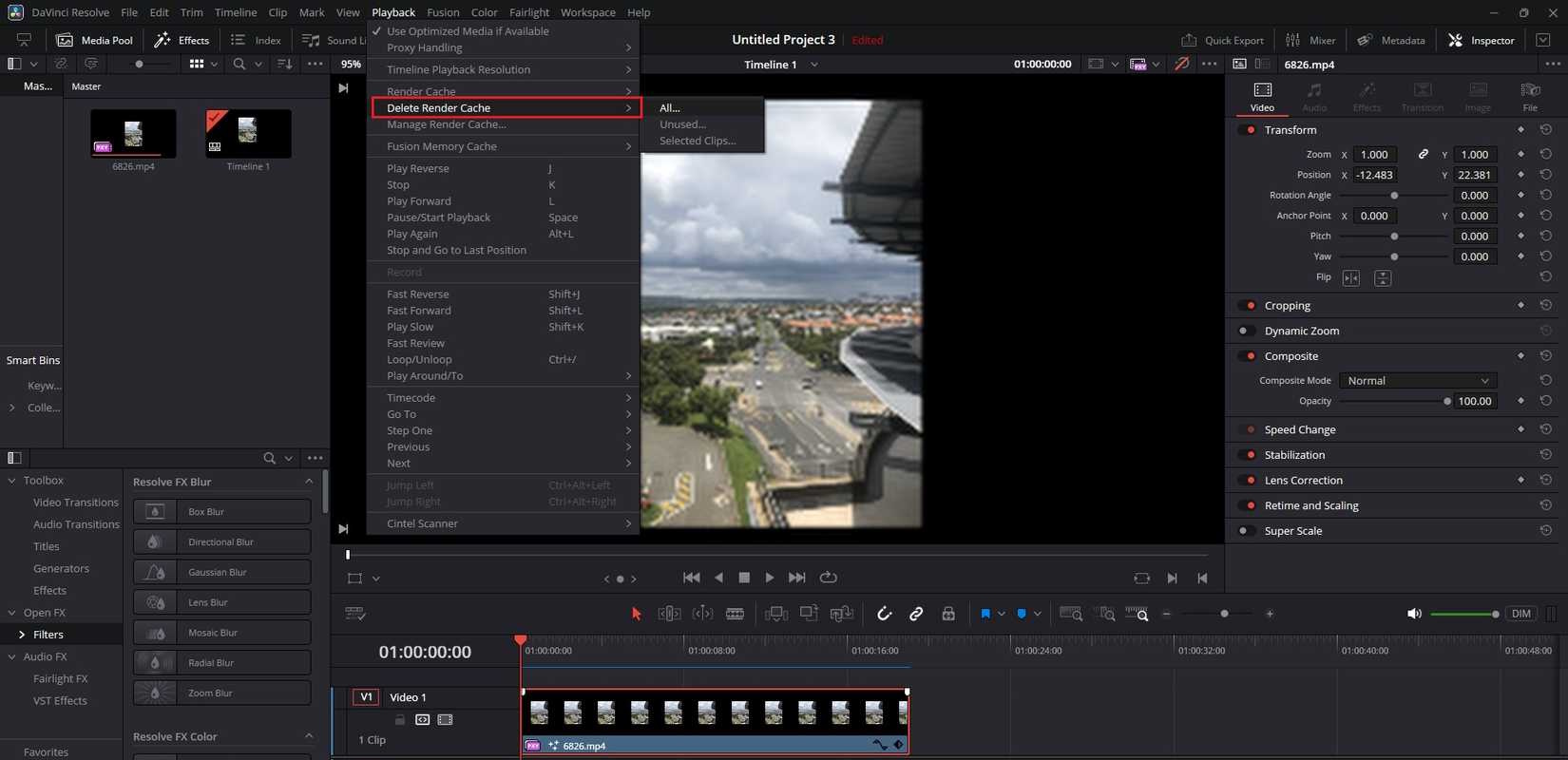 How to clear DaVinci Resolve cache using the Playback Delete Render Cache menu